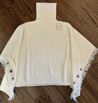 NEW Zoey Turtleneck Knit Fringe/Button Poncho Ivory One Size NWT - £31.06 GBP