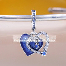 925 Sterling Silver Celestial Shooting Star Heart Double Dangle Charm Bead - £14.05 GBP