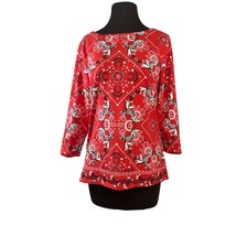 Talbots Womens The Talbots Tee Red 3/4 Sleeve Shirt Size Large Peacock Print - £11.95 GBP