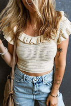 Beige Ruffled Neckline Knitted Short Sleeve Crop Top - £25.33 GBP