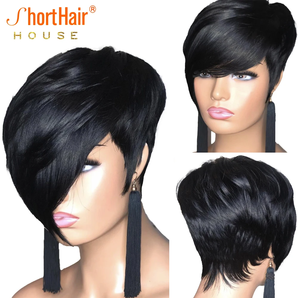 Pixie Short Cut Straight Bob Wig With Bangs For Black Women Brazilian Che - £41.85 GBP+