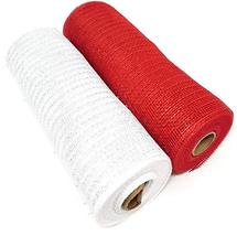 Christmas Holiday Deco Mesh, 10in x 10yd Metallic Ribbon Rolls (Red, White) - £17.93 GBP