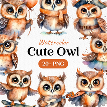 Bundle Watercolor Cute Owl Clipart PNG - £2.23 GBP