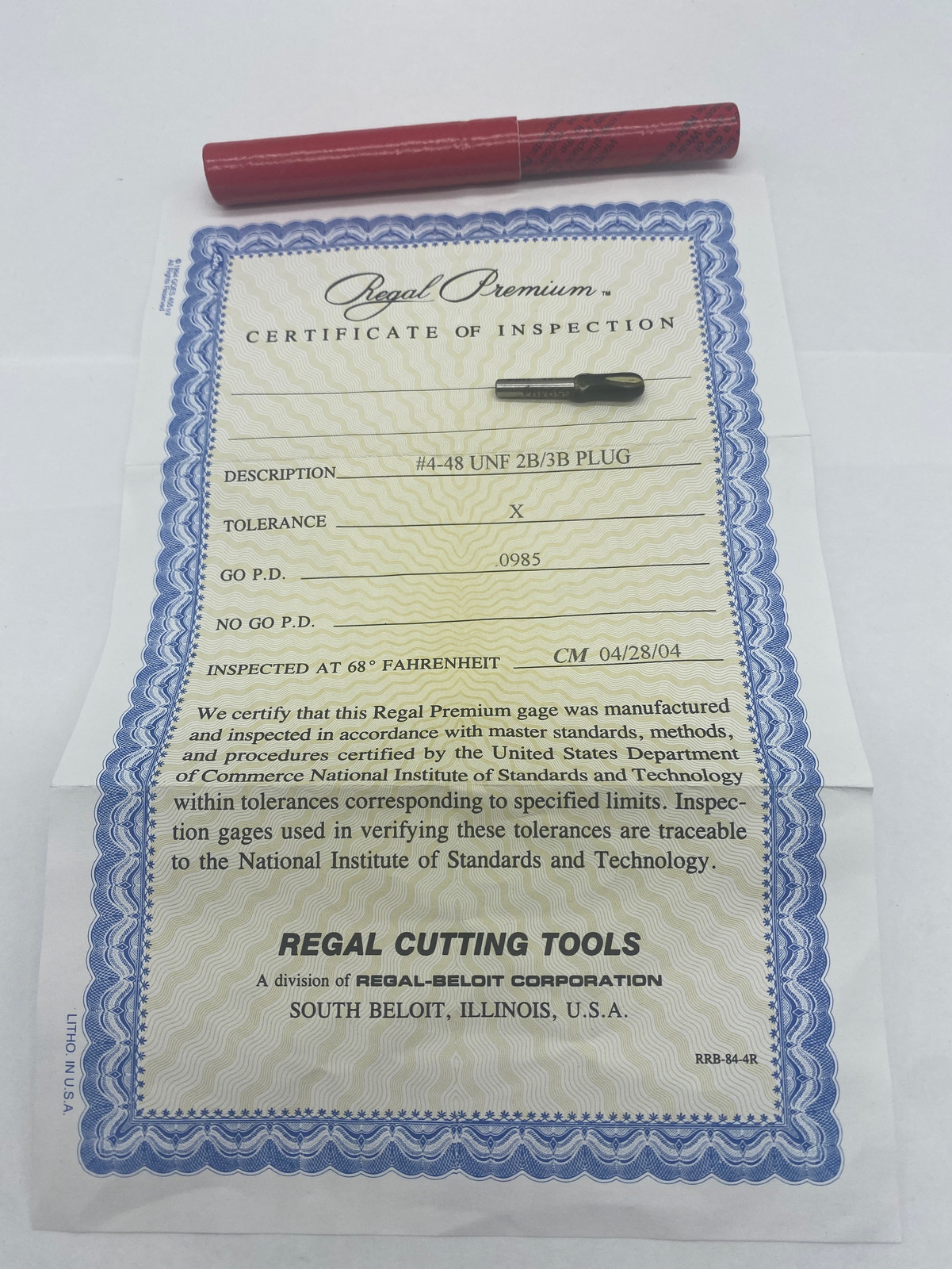 NEW Regal Cutting Tools 4-48 UNF 2B/3B Go PD 0.0985 Thread Plug Gage  - $41.50