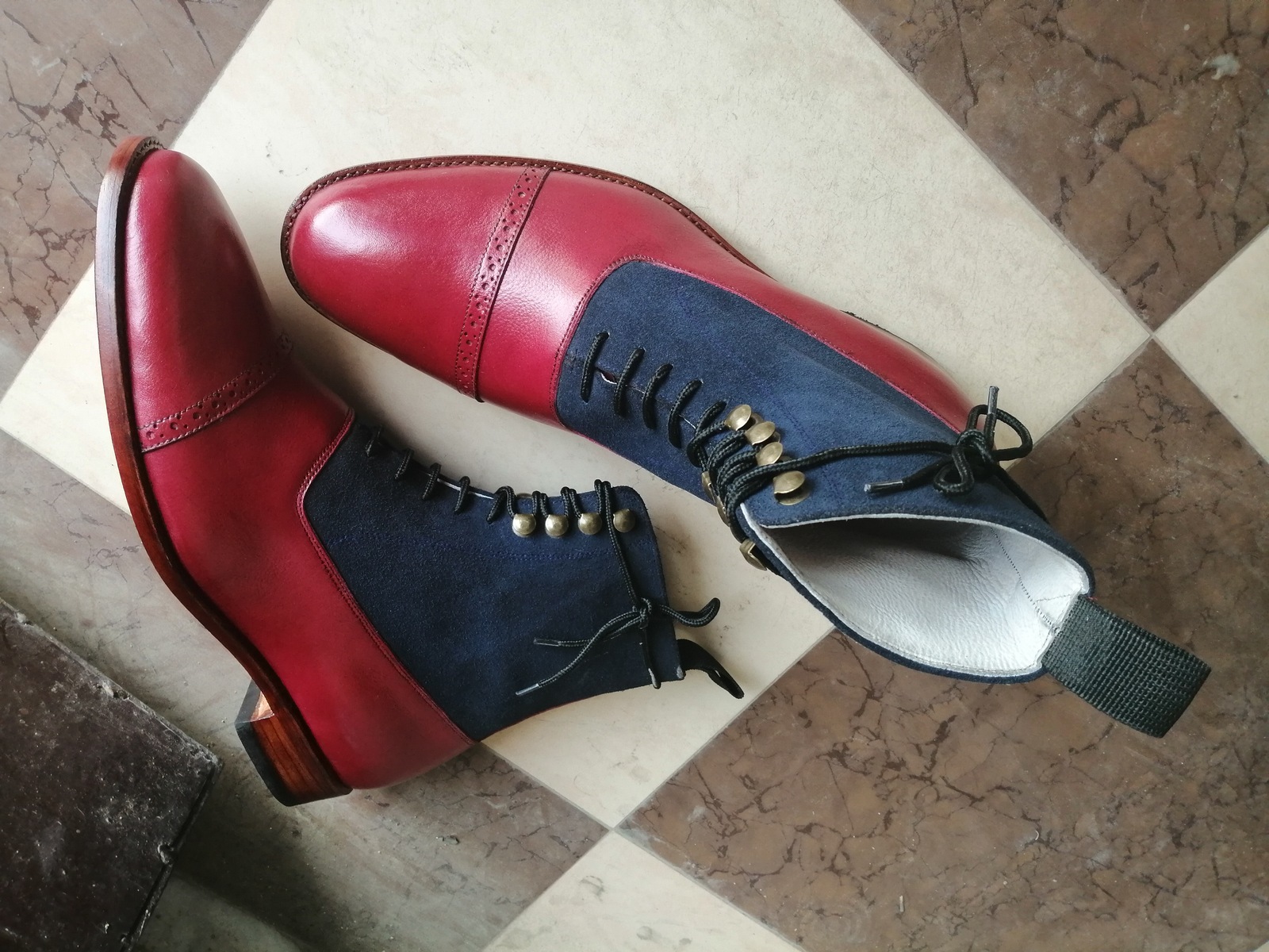 Two Tone Men Boots Maroon Blue High Ankle Cap Toe Suede Leather Premium Quality