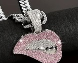 Silver Plated Hip Hop Iced Bling Lips Grillz Pendant + 18&quot; CZ Cuban Link... - $21.77