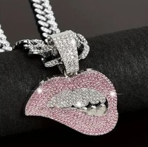 Silver Plated Hip Hop Iced Bling Lips Grillz Pendant + 18&quot; CZ Cuban Link... - £17.02 GBP