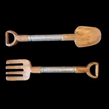 Salad Serving Utensils Garden Pitch Fork and Shovel Unique Wood Galvanized Metal - £21.69 GBP