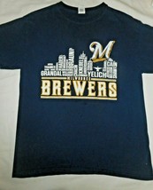 Milwaukee Brewers Player Names Create City Skyline Short Sleeve T-Shirt Blue Med - £11.35 GBP