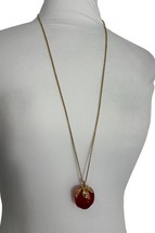 Vintage Avon Apple Pendant Necklace Lucite Gold Tone Chain 30&quot; Teacher Gift - $18.81