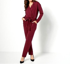Attitudes by Renee French Terry Mock Wrap Jumpsuit- Wine, SMALL - £23.32 GBP