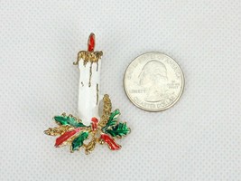 Vintage Costume Jewelry, Gold Tone White Candlestick Brooch, Holly Leave... - $8.77