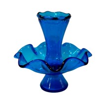 Vintage MCM Italian Cobalt Blue Glass Single Ruffled Epergne Bowl Horn 6 Inch - £19.16 GBP