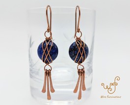 Lapis lazuli earrings: criss cross copper wire wrapped with straight dan... - £23.15 GBP