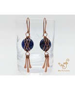 Lapis lazuli earrings: criss cross copper wire wrapped with straight dangles - $29.00
