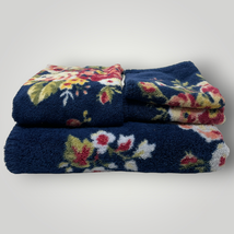 Vtg Ralph Lauren Floral Towel Set of 4 Dark Blue Roses Washcloth Hand Bath - £73.30 GBP