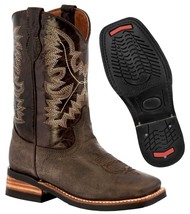 Kids Unisex Genuine Leather Cowboy Boots Brown Square Toe Botas - £43.25 GBP