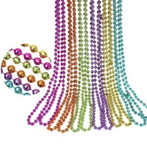 12 Pack Of 33 Mardi Gras Beads Necklace, Metallic Assorted Neon Color Disco Ball - £12.50 GBP