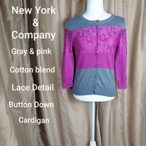 New York &amp; Company Gray And Pink Lace Detail Gray Buttons Cardigan Size M - £9.40 GBP