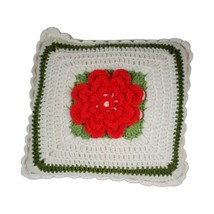 Retro Crochet Pillow Retro Afghan Red White 3D Rose Throw 12&quot; Handmade Knit VTG - £22.36 GBP