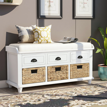 [US Direct] Rustic Storage Bench With 3 Drawers And 3 Rattan Baskets, Shoe Bench - £387.68 GBP