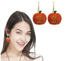 Adorable Halloween Pumpkin Shaped Orange Rhinestones Dangle Drop Earrings - £5.62 GBP