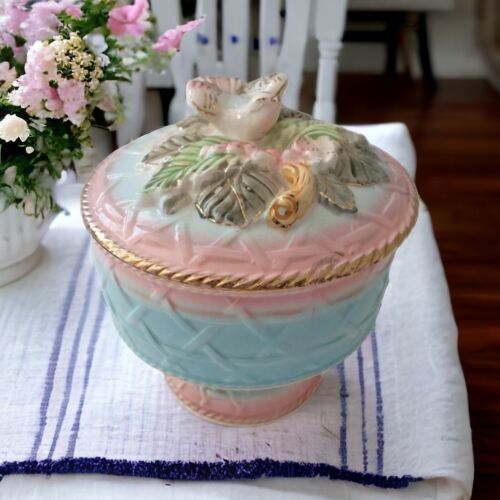 Primary image for Betson Candy Dish Pedestal Bird Flowers Porcelain Compote Pastels Handpainted