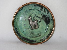 Vintage Copper Verdigris Bowl Trinket Dish Peru Embedded Silver Llama Signed - £31.64 GBP