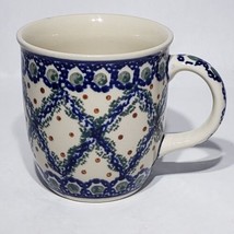 Boleslawiec Polish Pottery Blue Lattice Peacock 12 oz Coffee Mug Handmade Poland - £12.29 GBP