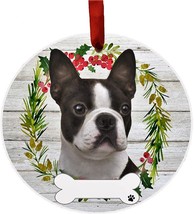 Boston Terrier Dog Wreath Ornament Personalizable Christmas Holiday Decoration - £11.27 GBP