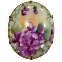 Antique Victorian Hand Painted Porcelain Brooch Pin Violets Flowers Floral Gold - £59.31 GBP