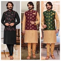Kurta Pajama &amp; Modi Jacket 3PC Set Embroidery Wedding Party fashion Jacq... - $54.24