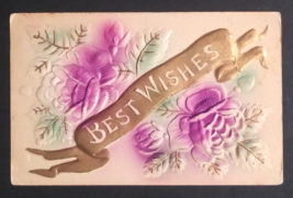 Best Wishes Gold Banner Flower Roses Embossed Airbrushed Antique Postcard c1900s - £6.36 GBP