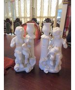 Parian Bisque Figurine Pair of Angels Cherubs with Bird Candle Holders 9&quot; - £97.12 GBP