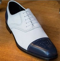 Brogues Toe White Blue Two Tone Stylish Men Premium Leather Lace Up Shoes - £118.63 GBP+