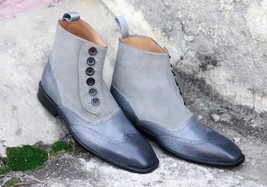 Handmade Men&#39;s Gray Leather Suede Wing Tip Button Boots, Men Dress Formal Boots - £127.59 GBP