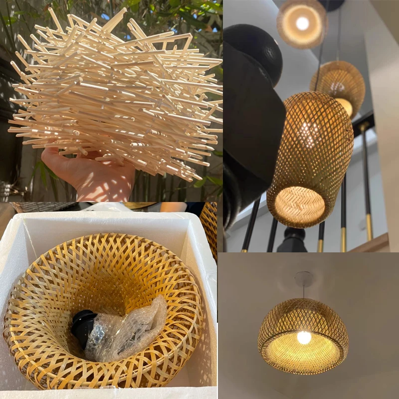 Tan wicker bamboo wood pendant light ceiling lustre chandelier hanglamp hand craft home thumb200