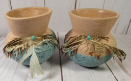Vases 2 Terracotta with Turquoise Blue Glaze 3&quot; Feathers Southwest- Style. - £6.21 GBP