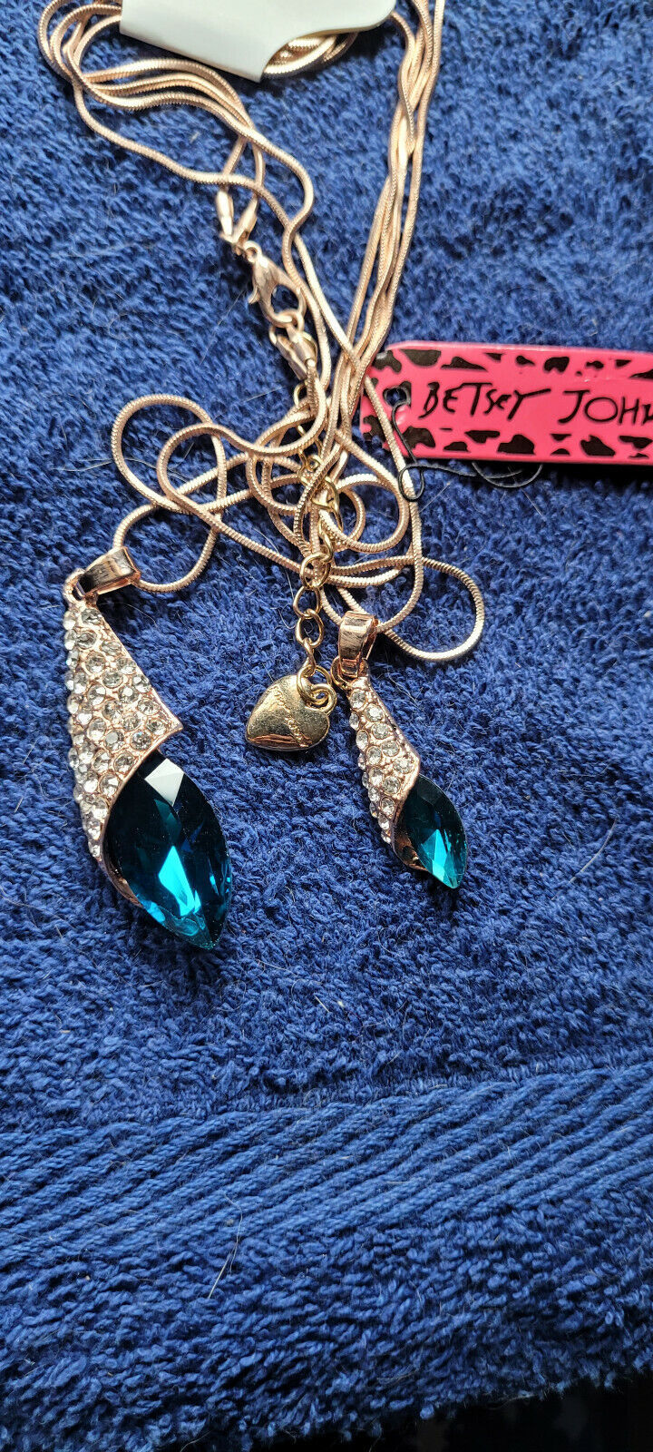 New Betsey Johnson Necklace Teal Rhinestone Double Drop Necklace Decorative Nice - $24.99