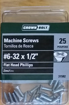 25-Pc Machine Screws #6-32 x 1/2&quot; Phillips Flat Head Zinc Crown Bolt 31582 - £4.94 GBP