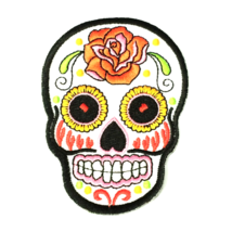 Orange Flower White Sugar Skull Vintage Large XL XXL 8 Inches Embroidered Patch - £16.36 GBP
