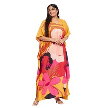Floral Printed Yellow Polyester Plus Size Kaftan Dress for Women - £13.53 GBP