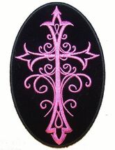 DELUXE EMBRODIERED PINK CRUCIFIX CROSS PA5790  iron on novelty biker pat... - $10.86