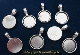 8 Bezel cup tray settings Silver plt holds 14mm cabochon bailed pendants fpe172 - £2.33 GBP