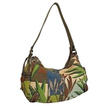 FOSSIL Hobo Shoulder Bag Canvas &amp; Leather Bamboo Boho Tropical Key Charm - £19.74 GBP