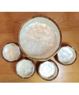 Monkey Pod Carved Tiki Wood Mother of Pearl Capiz Shell MCM Salad Set Vi... - $66.57