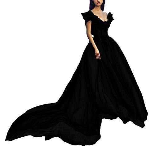 Plus Size Off The Shoulder Long Gothic Black Tulle V Neck Evening Prom Dress 16W