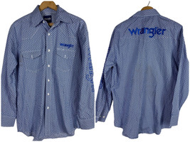 Wrangler Size Medium Shirt Mens Button Down Blue Print Spell Out Back Rodeo - £43.94 GBP