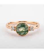 Round Moss Agate Engagement Ring With Moissanite Memorial Ring Unique Ring - $250.00+