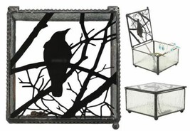 Gothic Silhouette Raven Glass Jewelry Box 4&quot;W Haunted Crow On Tree Branch Box - £20.53 GBP